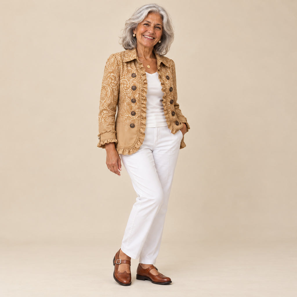 Estrella | Chaqueta con volantes y estampado western, vista de tres cuartos