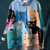 Eulalia | Blusa elegante de mujer con estampado artístico de gatos
