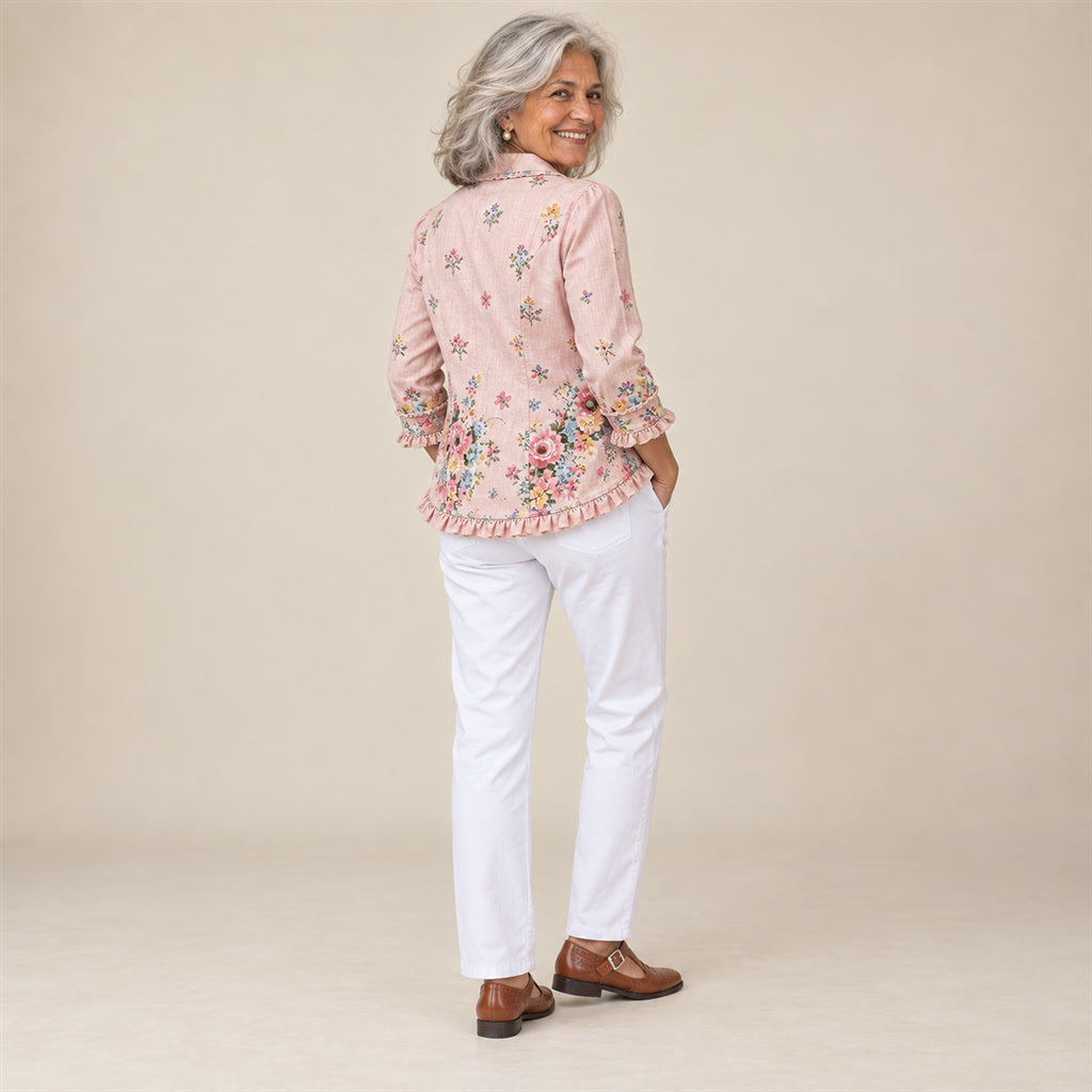 Filomena | Chaqueta de flores con botones y volantes, vista de espaldas