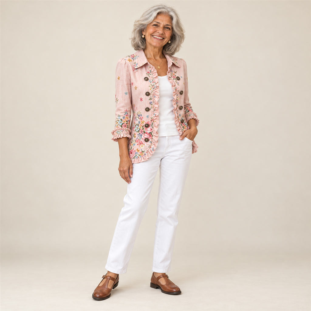 Filomena | Chaqueta de flores con botones y volantes, vista de tres cuartos