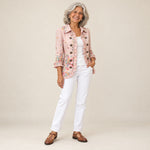 Filomena | Chaqueta de flores con botones y volantes, vista de tres cuartos