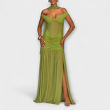 Filomena | Vestido largo verde oliva con escote en V