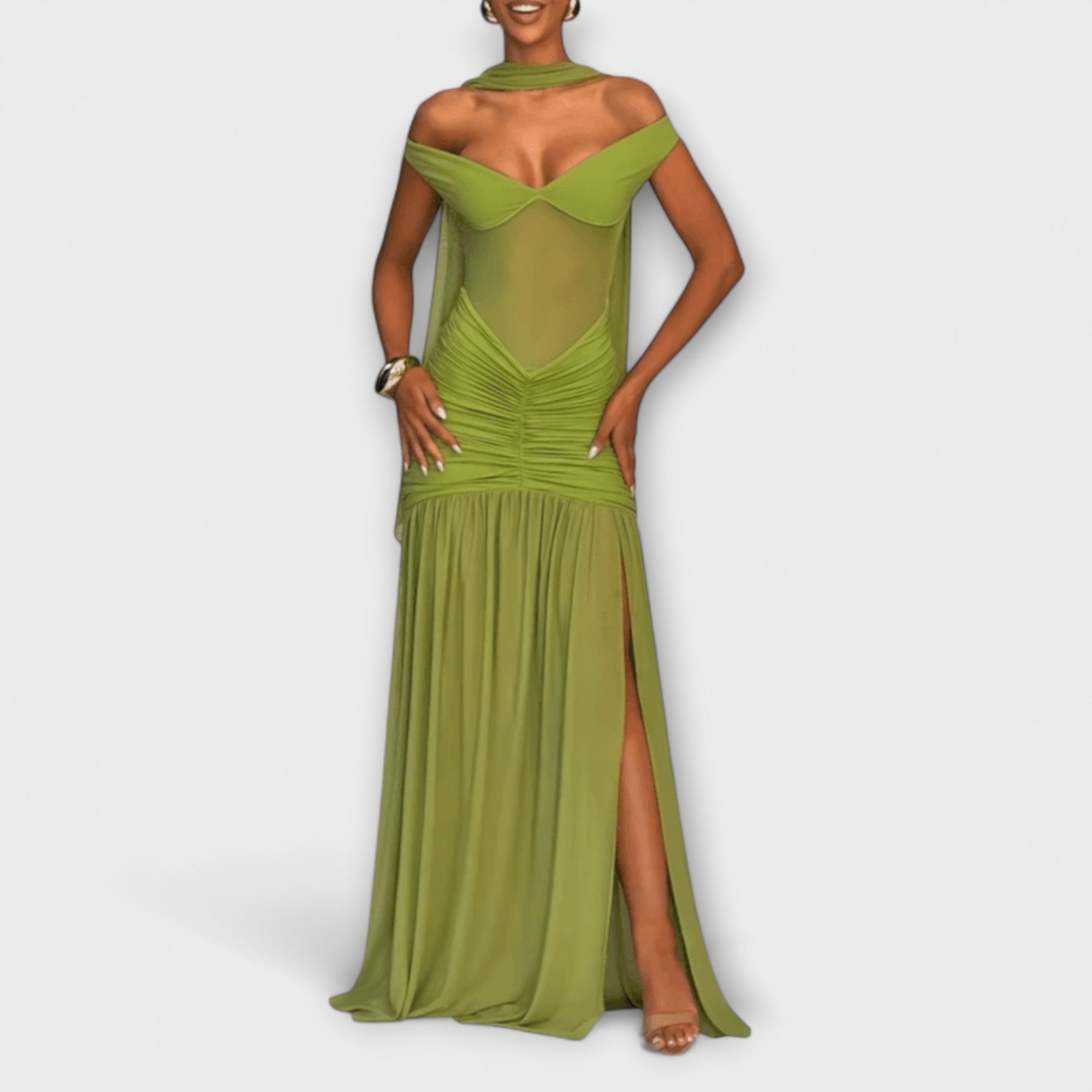 Filomena | Vestido largo verde oliva con escote en V