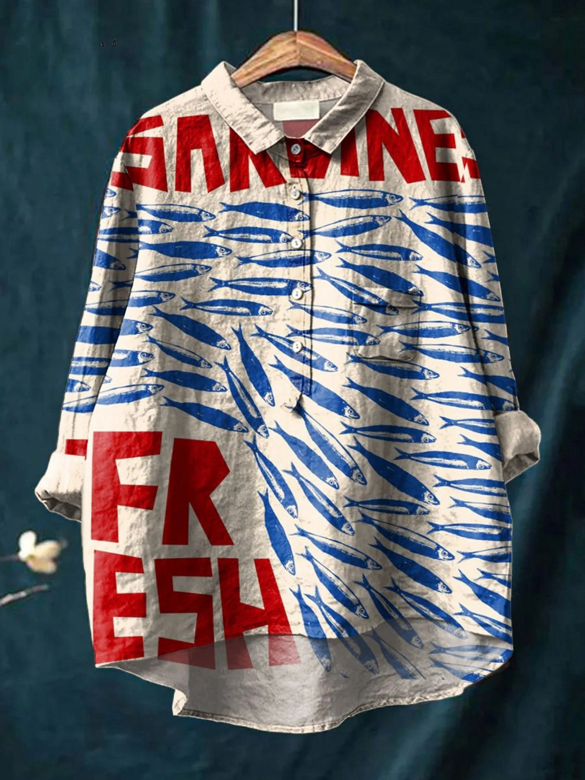 Florentina | Blusa informal de mujer con estampado artístico de peces vintage
