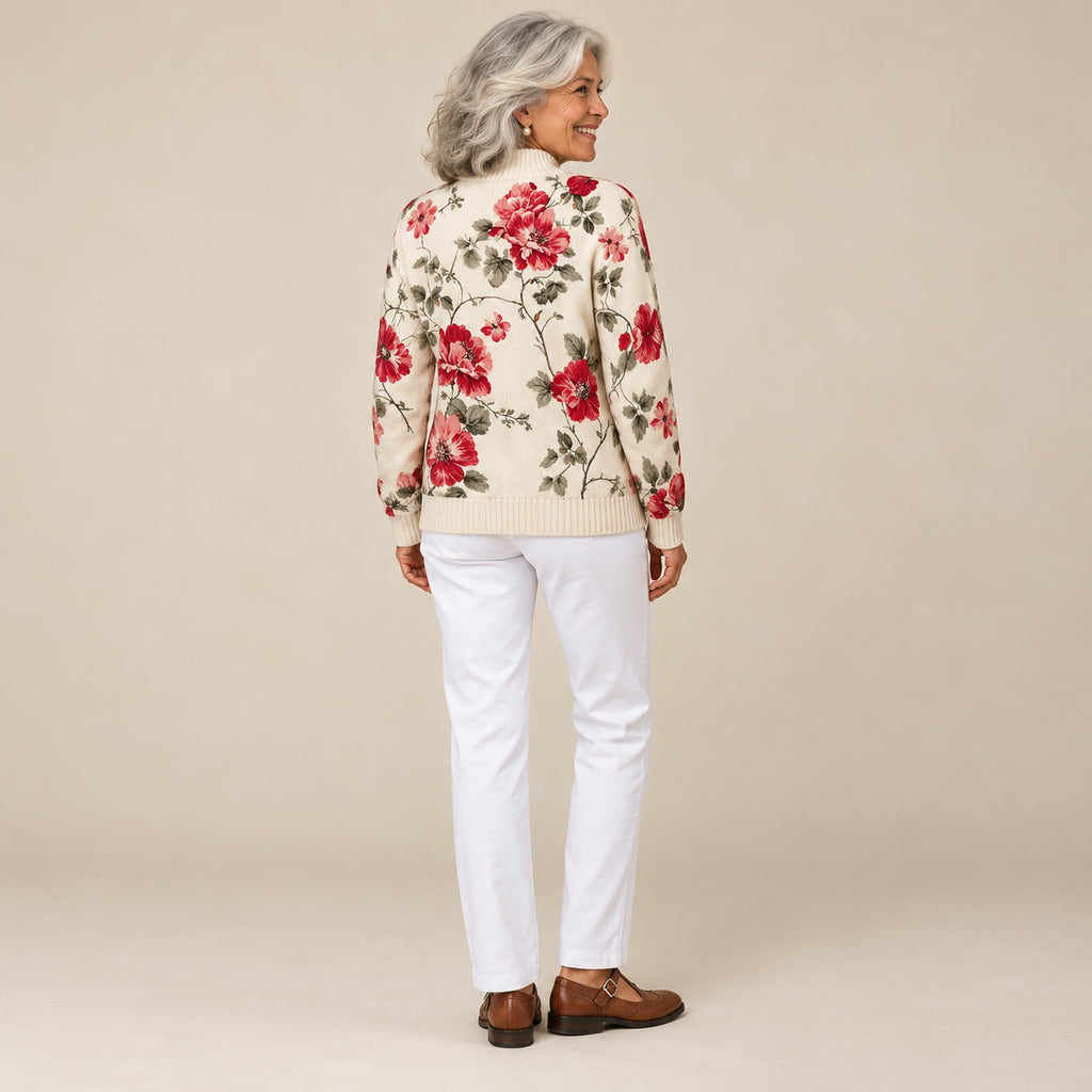 Francisca | Cárdigan con estampado de rosas vintage, vista de espaldas