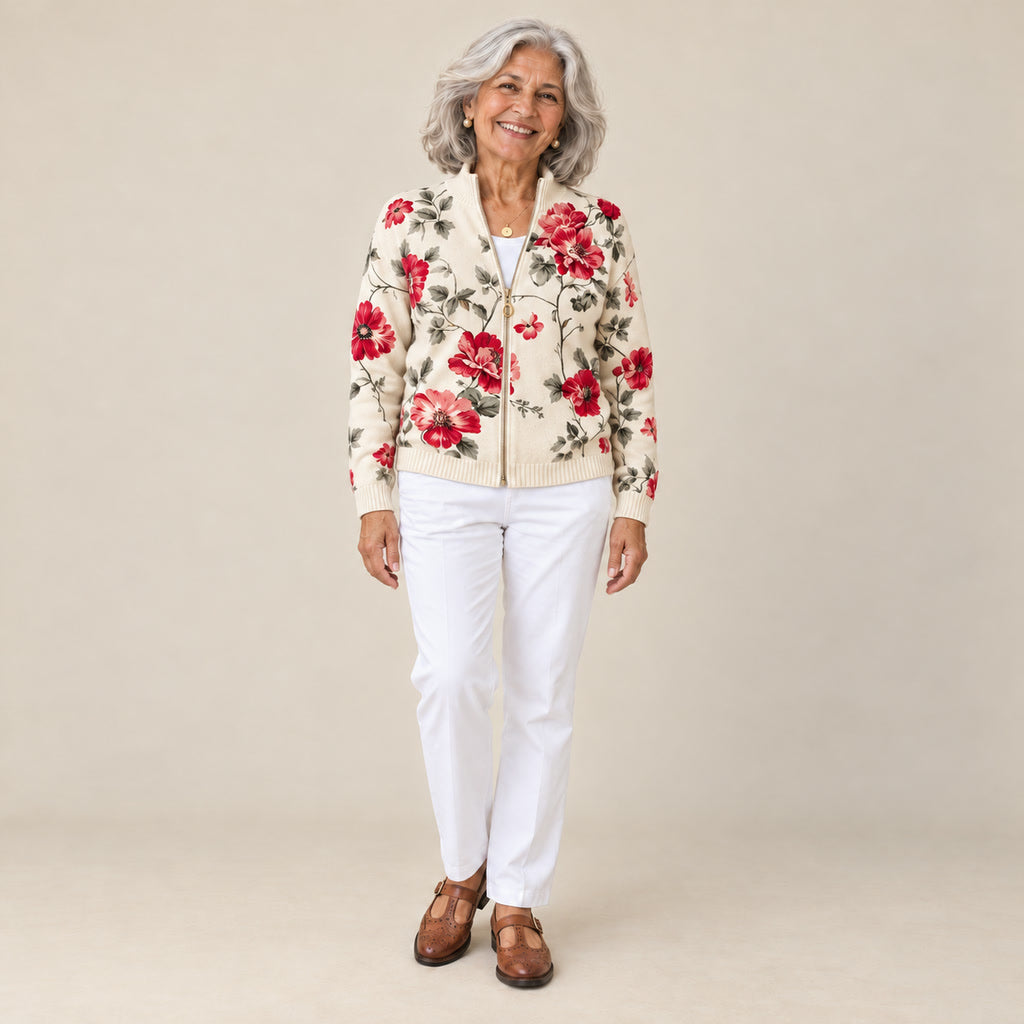 Francisca | Cárdigan con estampado de rosas vintage, vista de frente