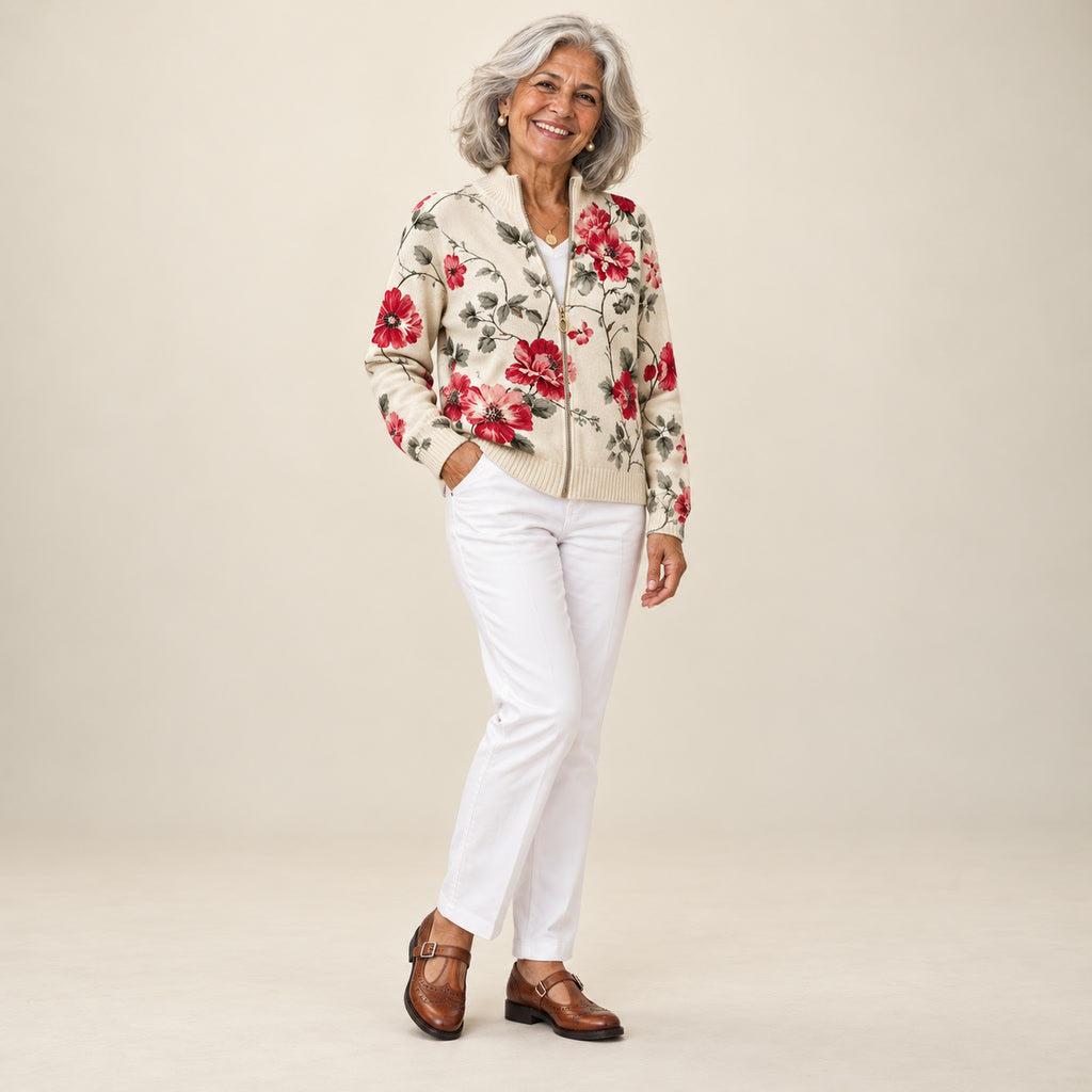 Francisca | Cárdigan con estampado de rosas vintage, vista de tres cuartos