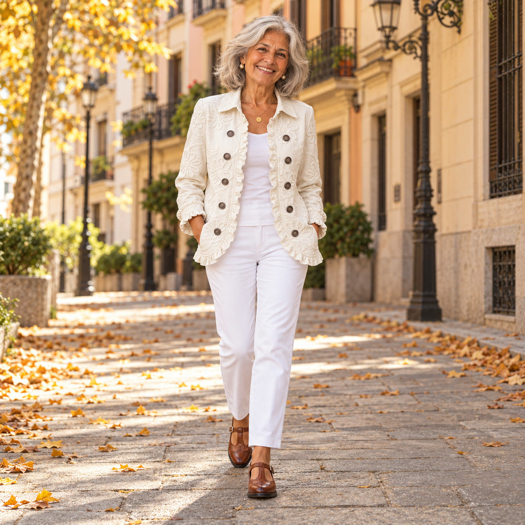 Gertrudis | Chaqueta marfil con bordado floral y volantes, en la calle