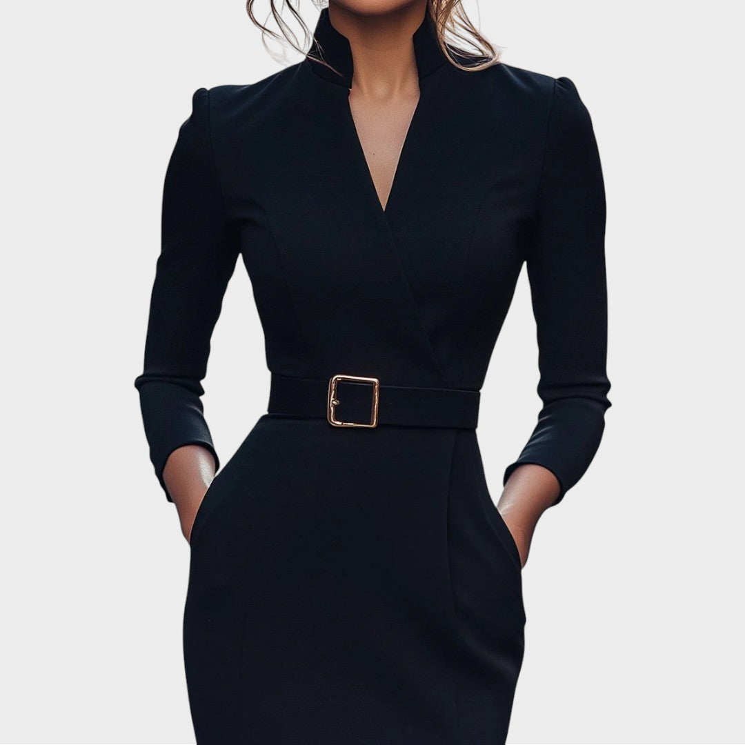 Gisela | Vestido recto negro elegante con cinturón