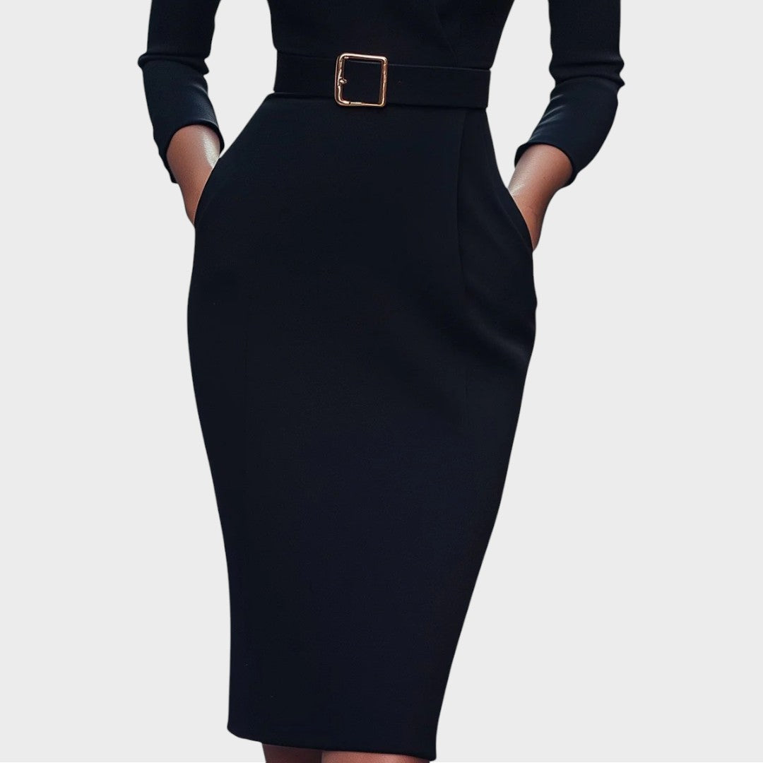 Gisela | Vestido recto negro elegante con cinturón