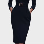 Gisela | Vestido recto negro elegante con cinturón