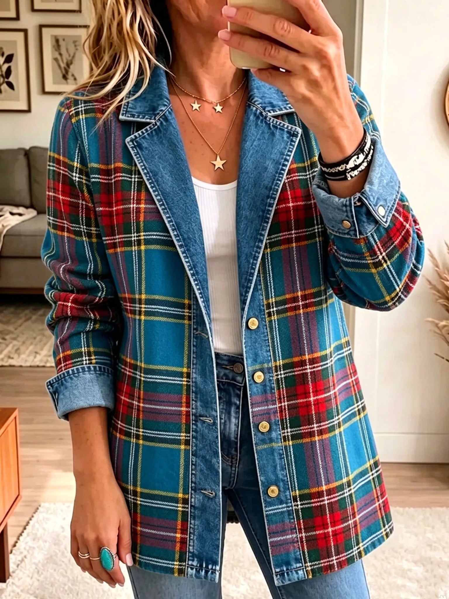Gracia | Blazer vaquero con paneles de tartán