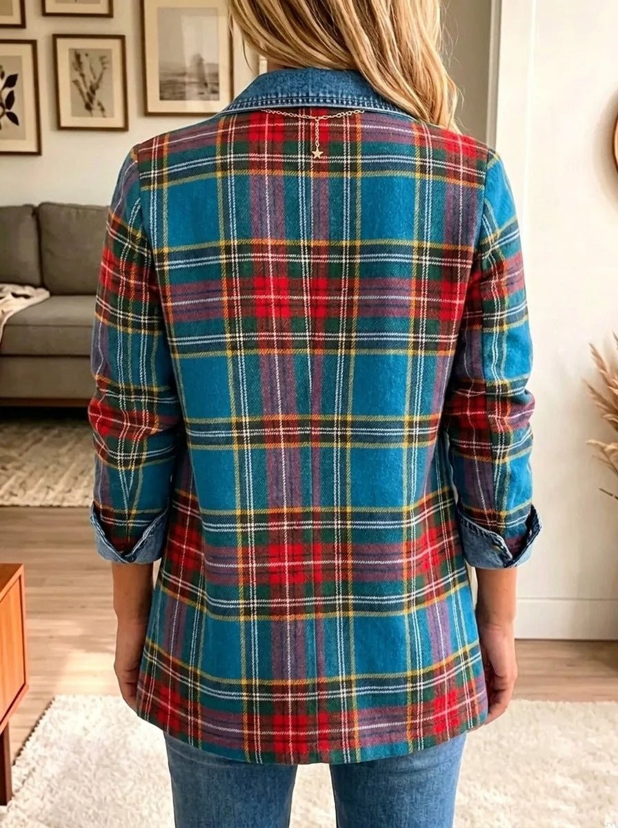 Gracia | Blazer vaquero con paneles de tartán