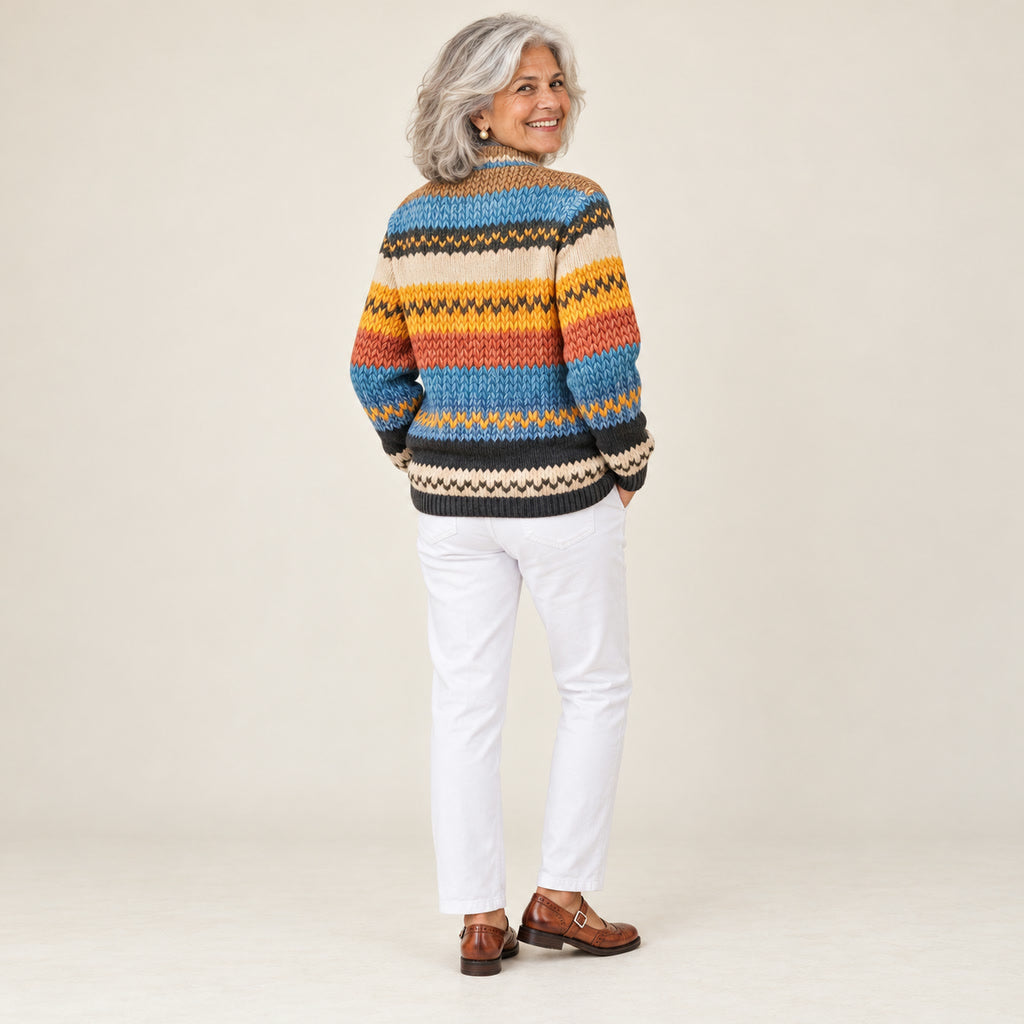Hilda | Cárdigan con estampado de zigzag multicolor, vista de espaldas