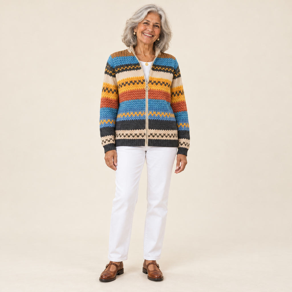 Hilda | Cárdigan con estampado de zigzag multicolor, vista de frente
