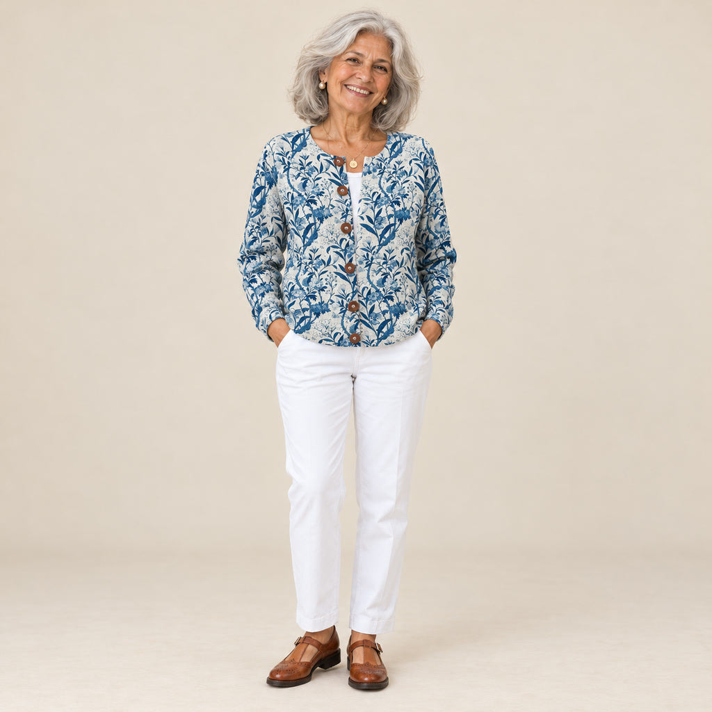 Iciar | Cárdigan con estampado botánico azul, vista de frente