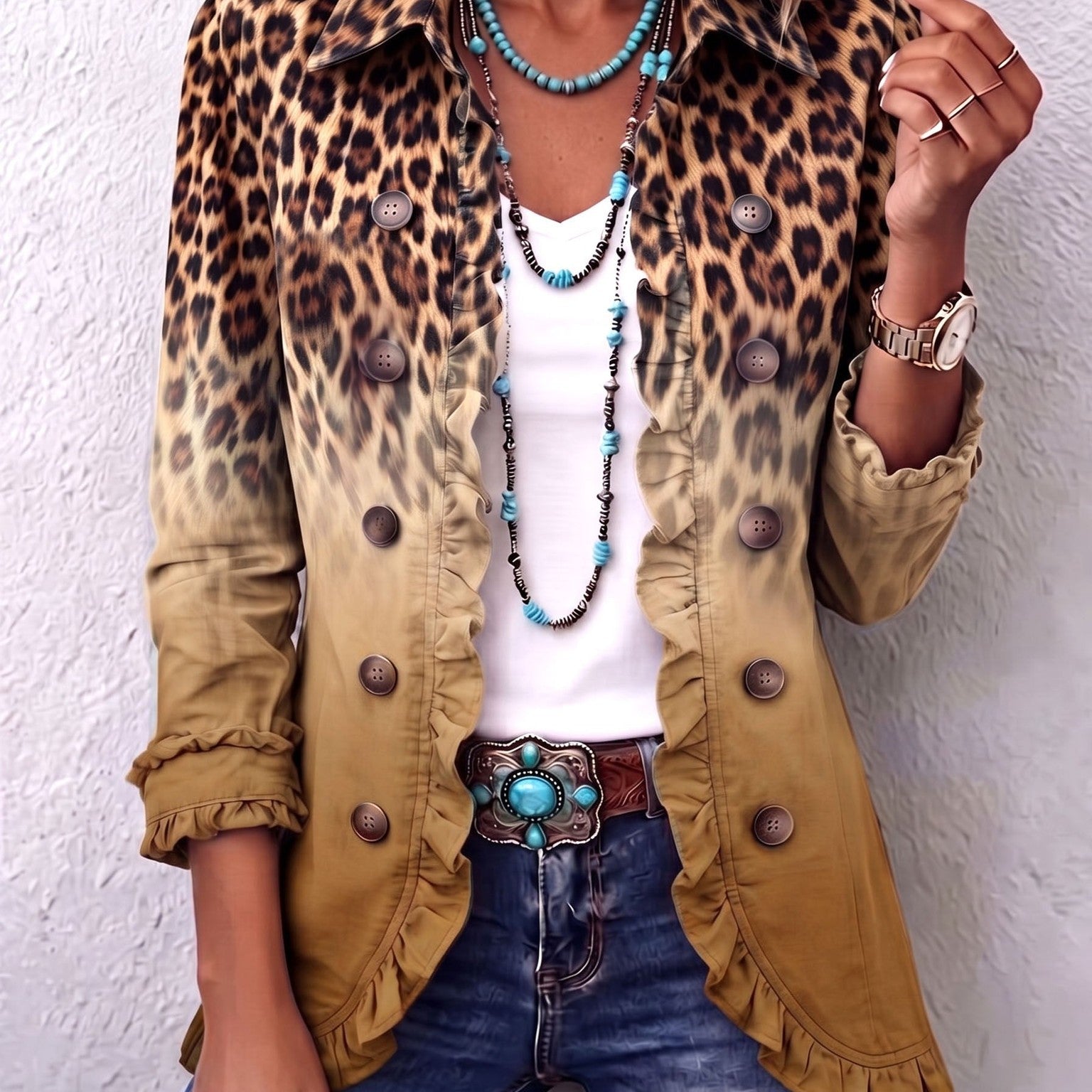 Idaira | Blazer con volantes y estampado de leopardo degradado ocre