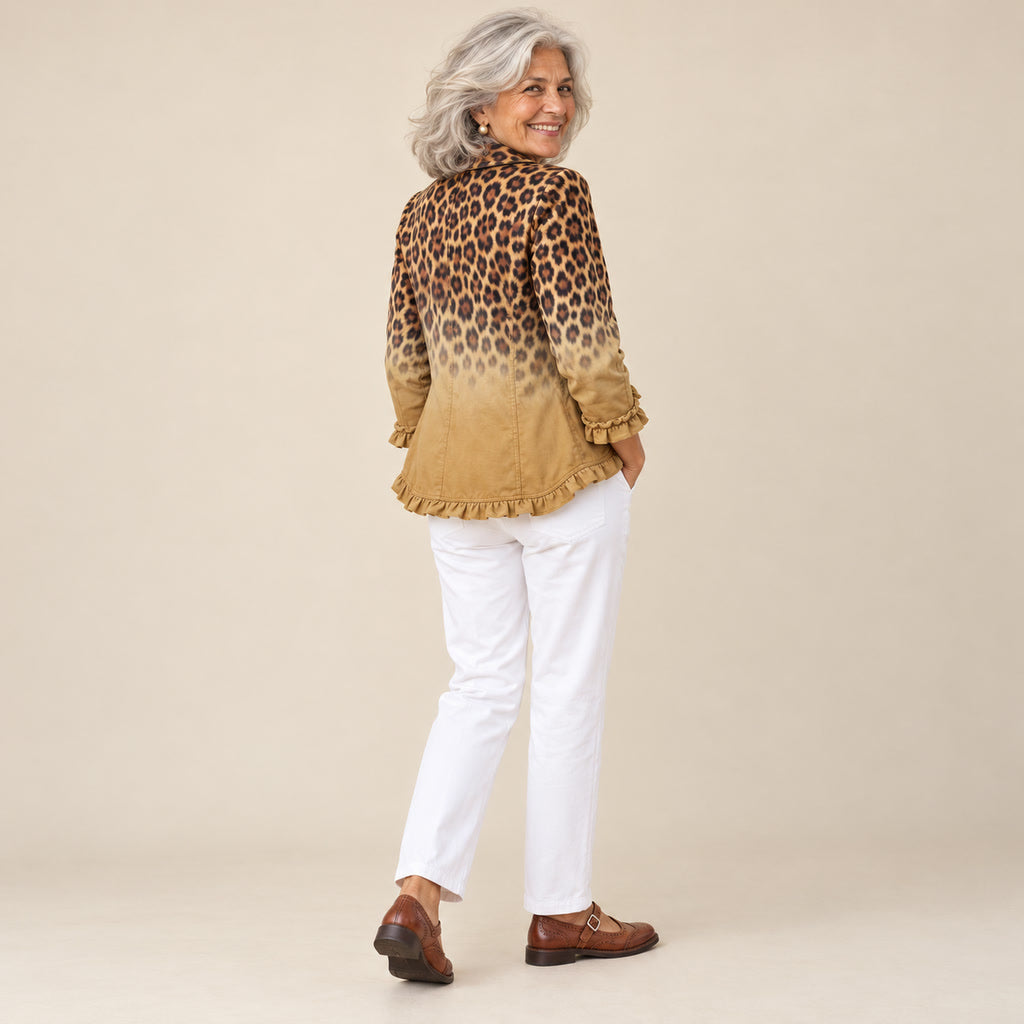 Idaira | Blazer con volantes y estampado de leopardo degradado ocre, vista de espaldas
