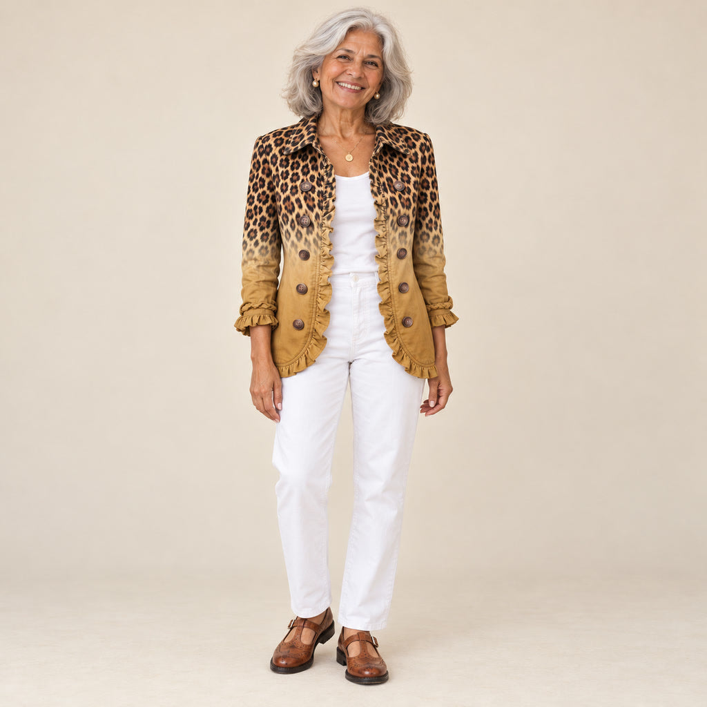 Idaira | Blazer con volantes y estampado de leopardo degradado ocre, vista de frente