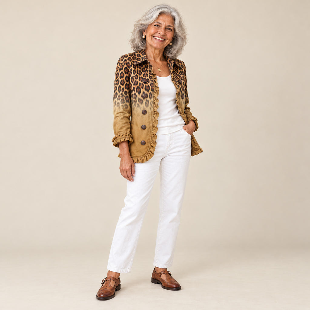 Idaira | Blazer con volantes y estampado de leopardo degradado ocre, vista de tres cuartos