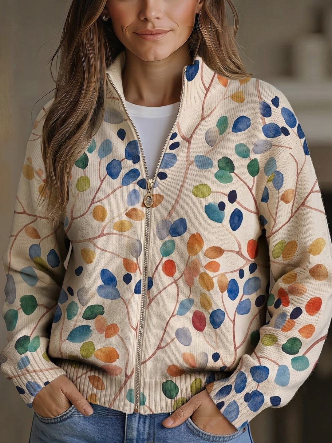 Idoia | Cárdigan con estampado de hojas multicolores