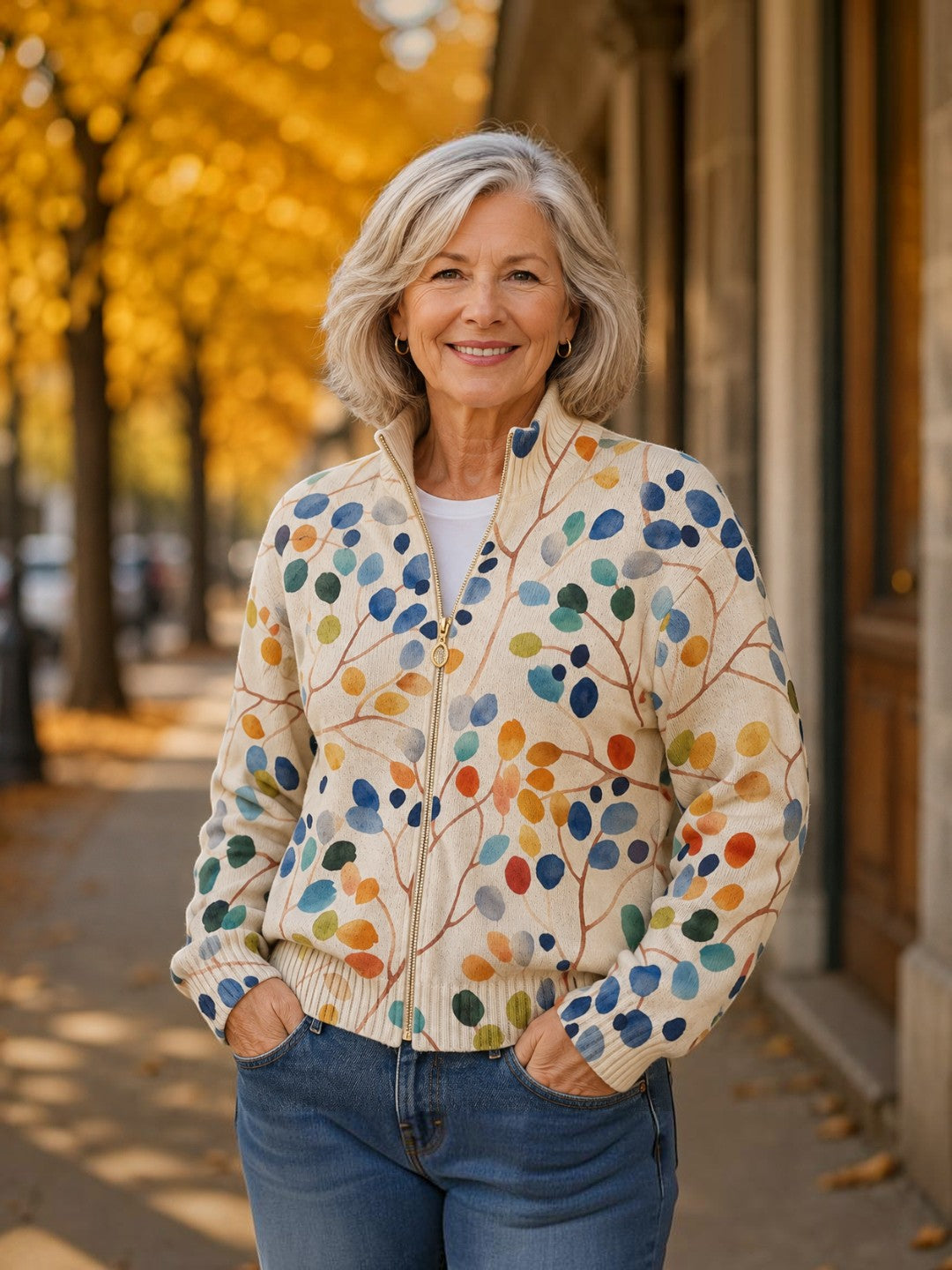 Idoia | Cárdigan con estampado de hojas multicolores