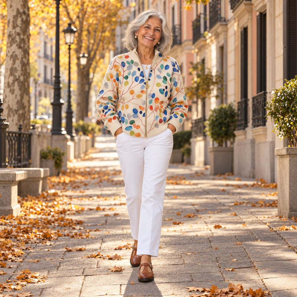 Idoia | Cárdigan con estampado de hojas multicolores, en la calle