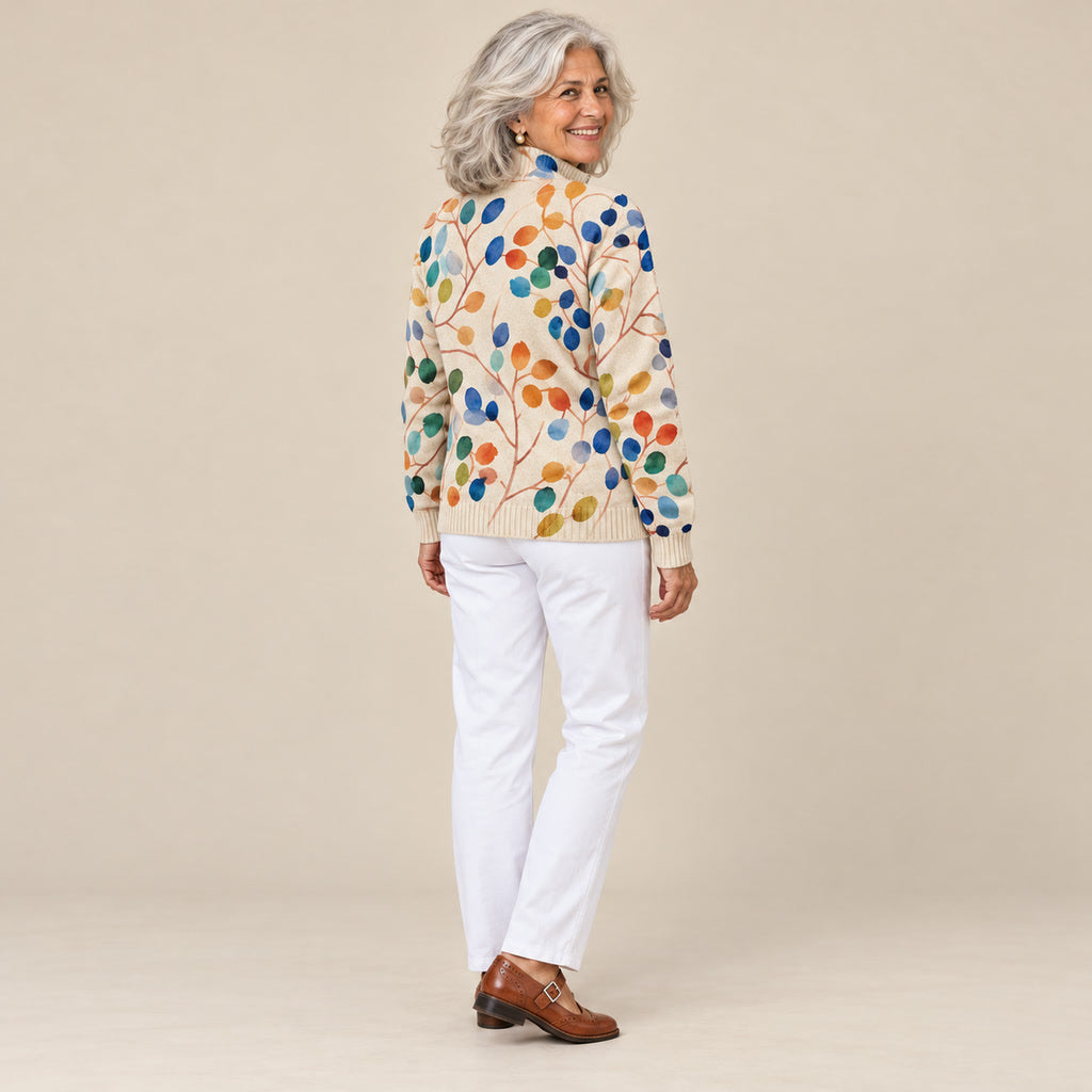 Idoia | Cárdigan con estampado de hojas multicolores, vista de espaldas