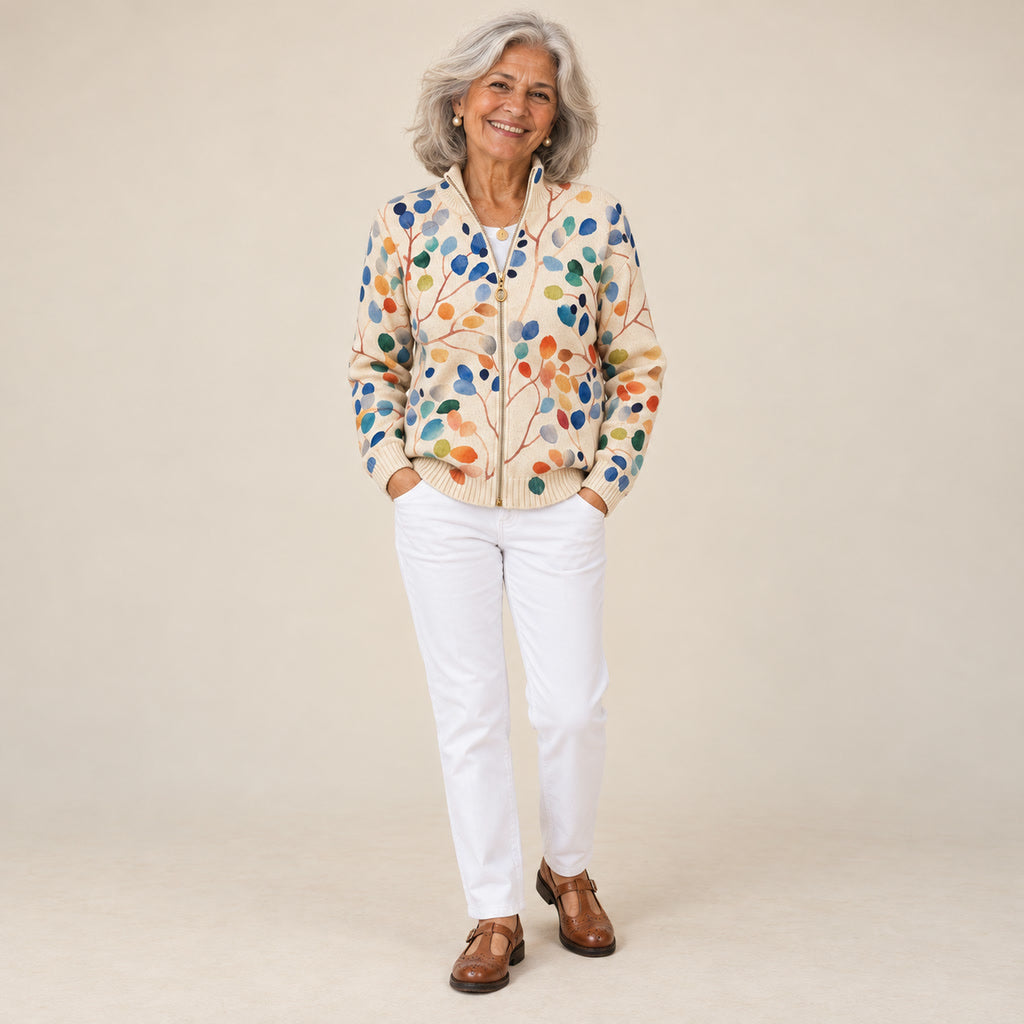Idoia | Cárdigan con estampado de hojas multicolores, vista de frente