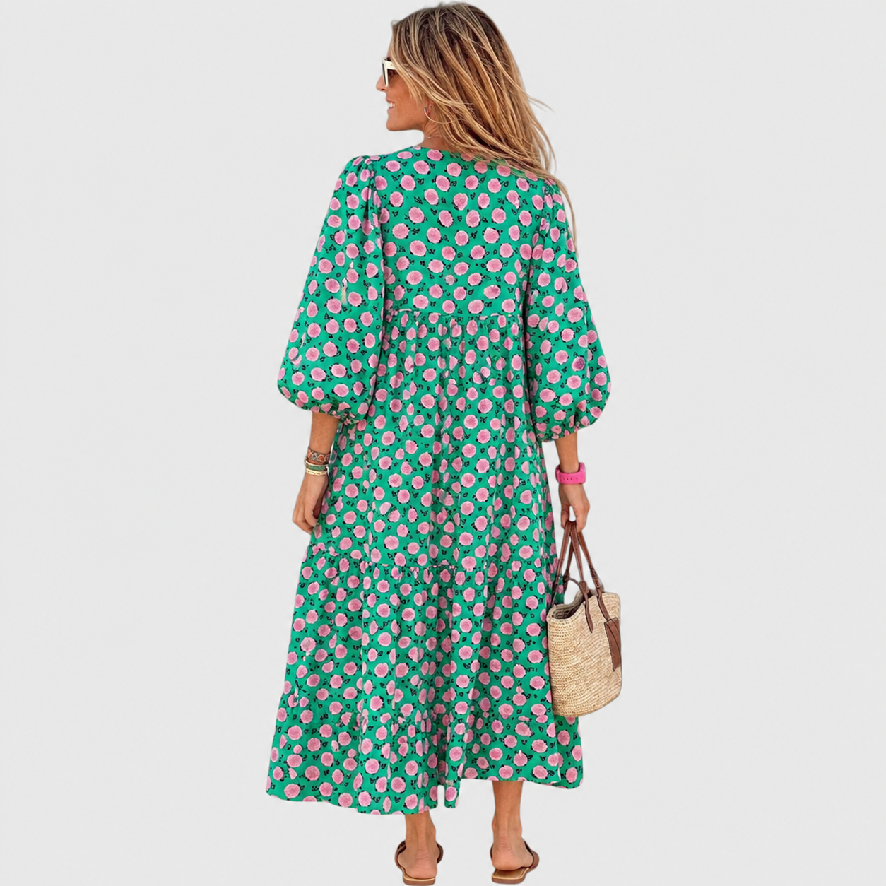 Ignacia Belén | Vestido largo informal con volantes y mangas kimono