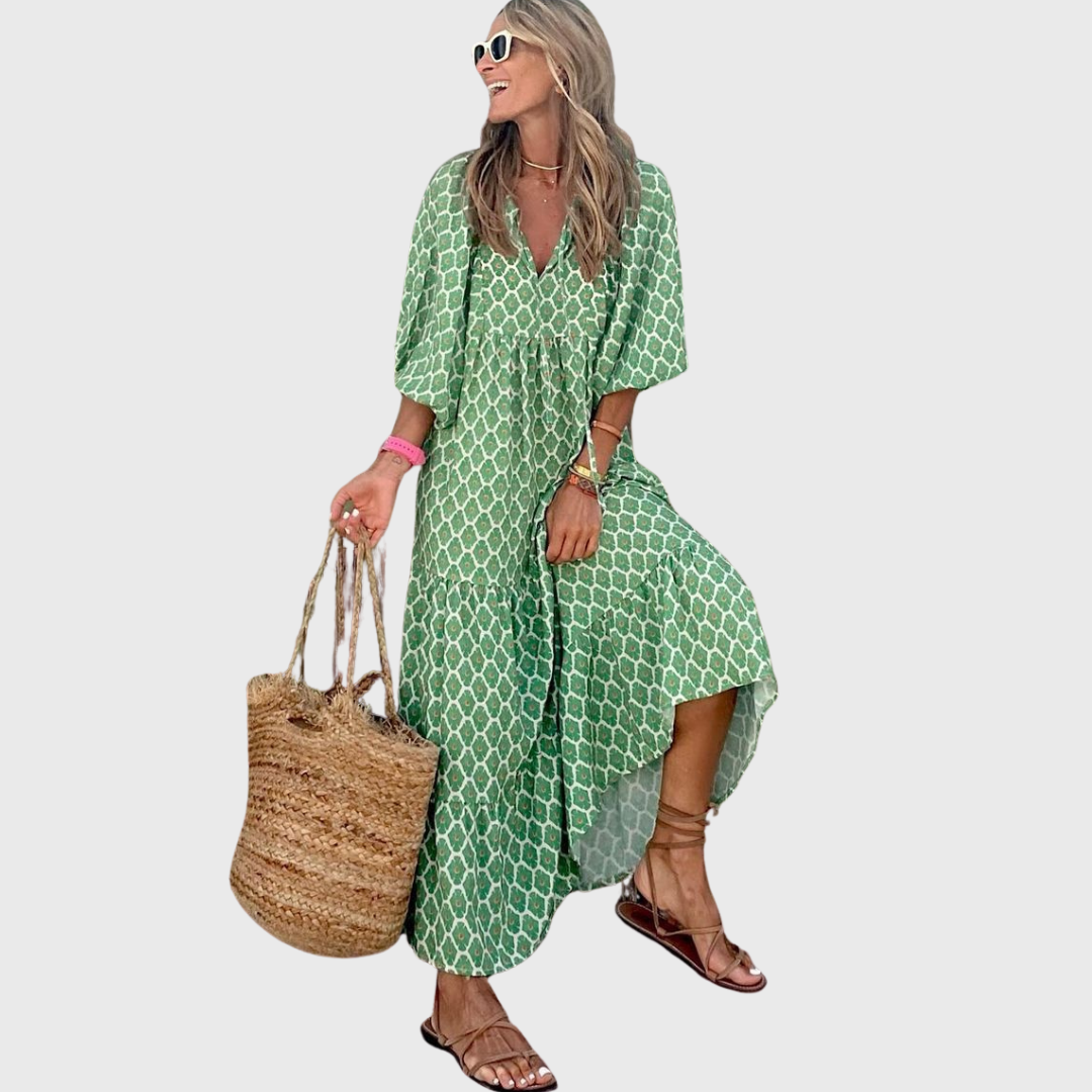Ignacia Belén | Vestido largo informal con volantes y mangas kimono