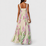 Isadora Nieves | Vestido largo de gasa de flores plisado con cinturón