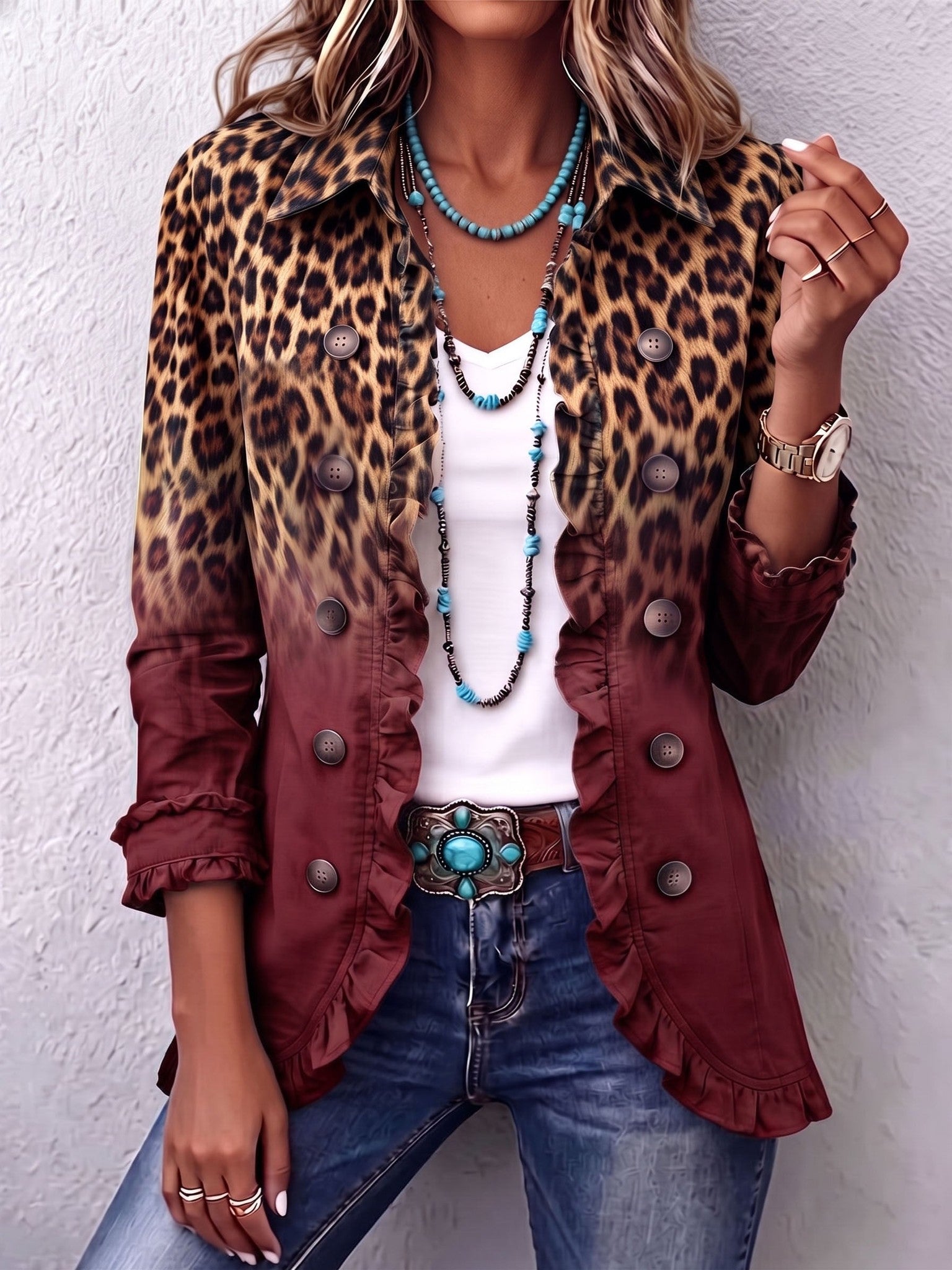 Isidora | Blazer con volantes y estampado de leopardo degradado granate