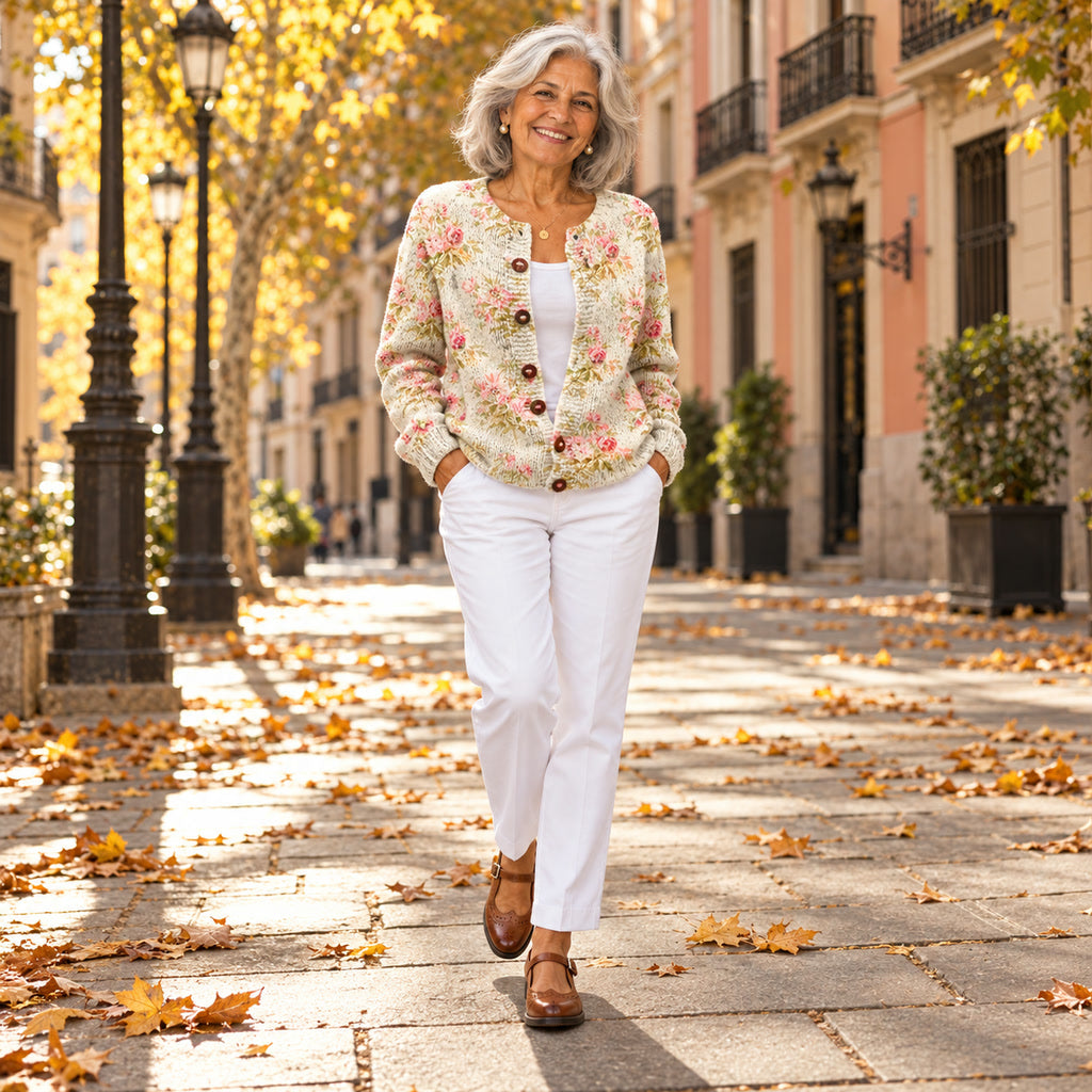 Josefa | Cárdigan jaspeado con botones de rosa, en la calle