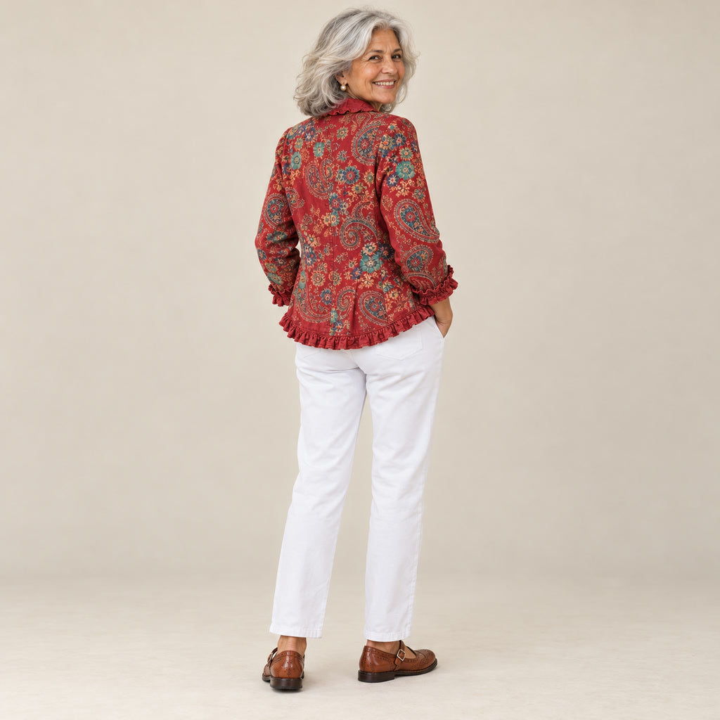 Juana | Chaqueta bohemia de cachemira (paisley) con volantes, vista de espaldas