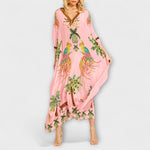 Leticia | Vestido de hombros descubiertos con hombro asimétrico y estampado de palmeras