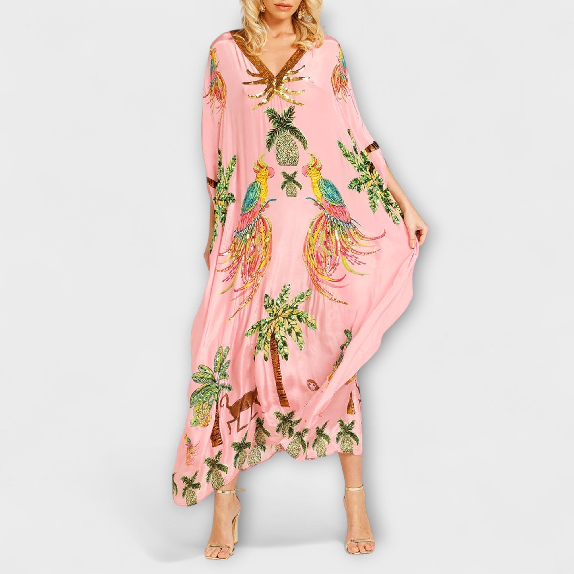 Leticia | Vestido de hombros descubiertos con hombro asimétrico y estampado de palmeras