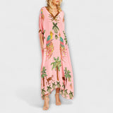 Leticia | Vestido de hombros descubiertos con hombro asimétrico y estampado de palmeras