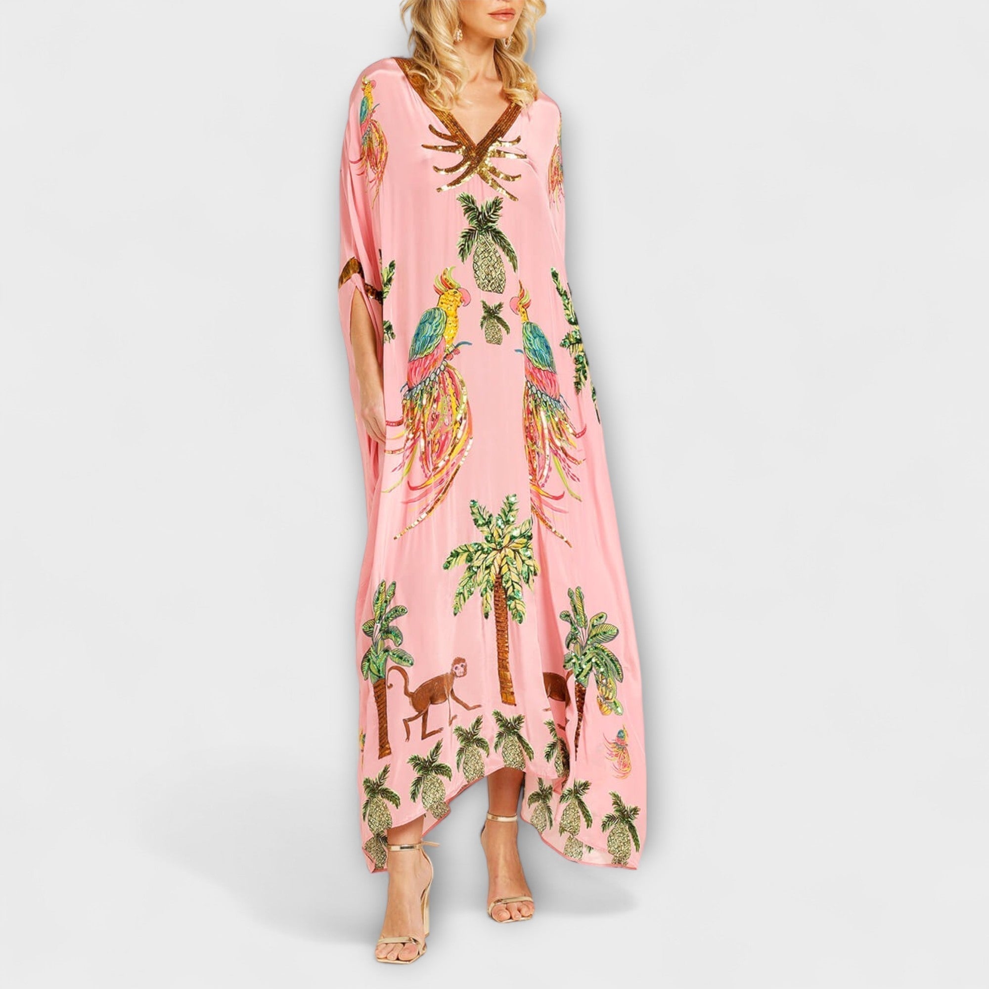 Leticia | Vestido de hombros descubiertos con hombro asimétrico y estampado de palmeras