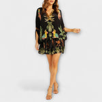 Leticia | Vestido de hombros descubiertos con hombro asimétrico y estampado de palmeras