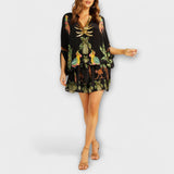 Leticia | Vestido de hombros descubiertos con hombro asimétrico y estampado de palmeras