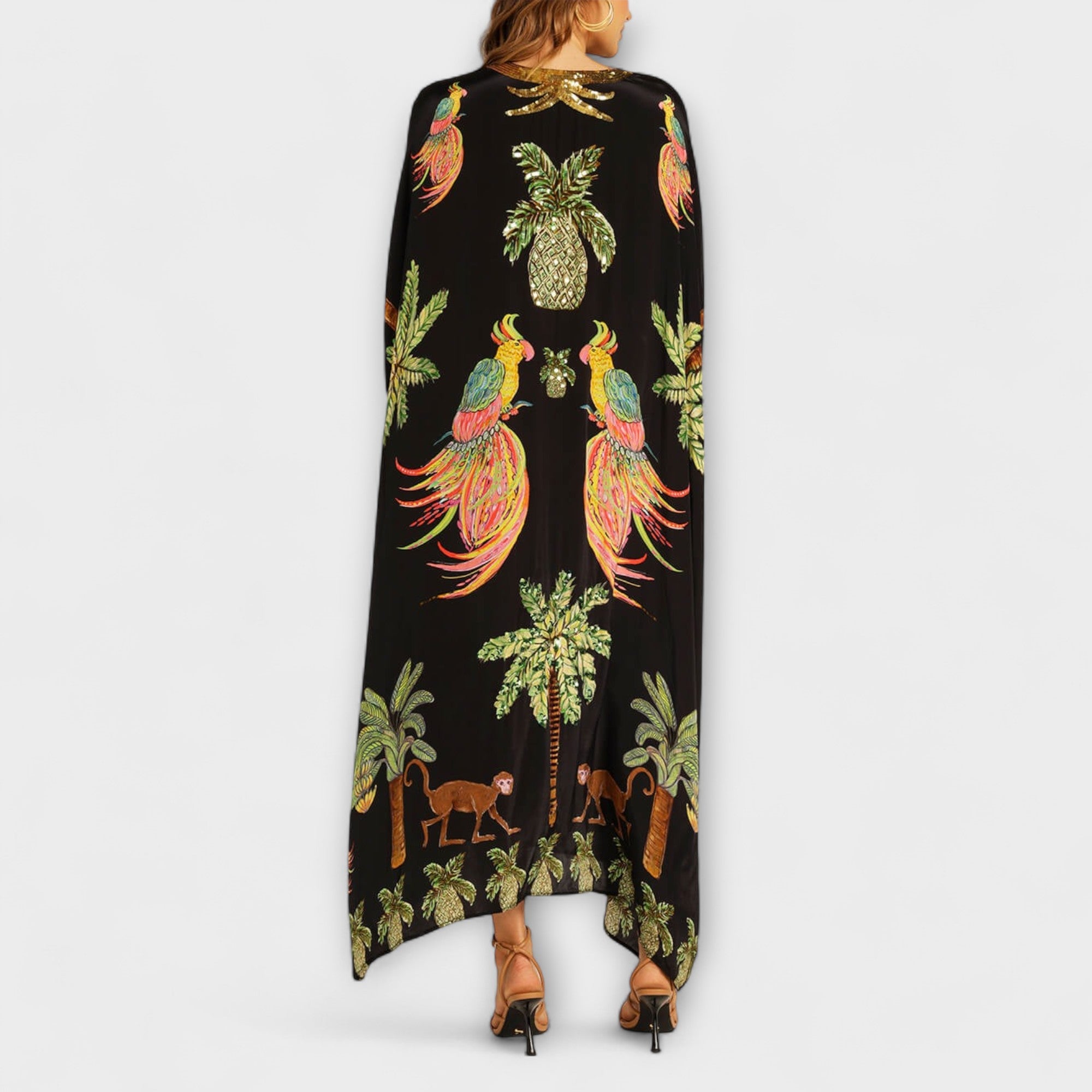 Leticia | Vestido de hombros descubiertos con hombro asimétrico y estampado de palmeras