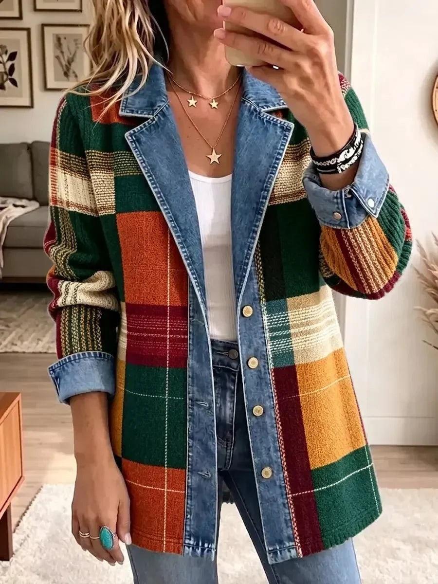 Lidia | Chaqueta vaquera de cuadros con estampado artístico