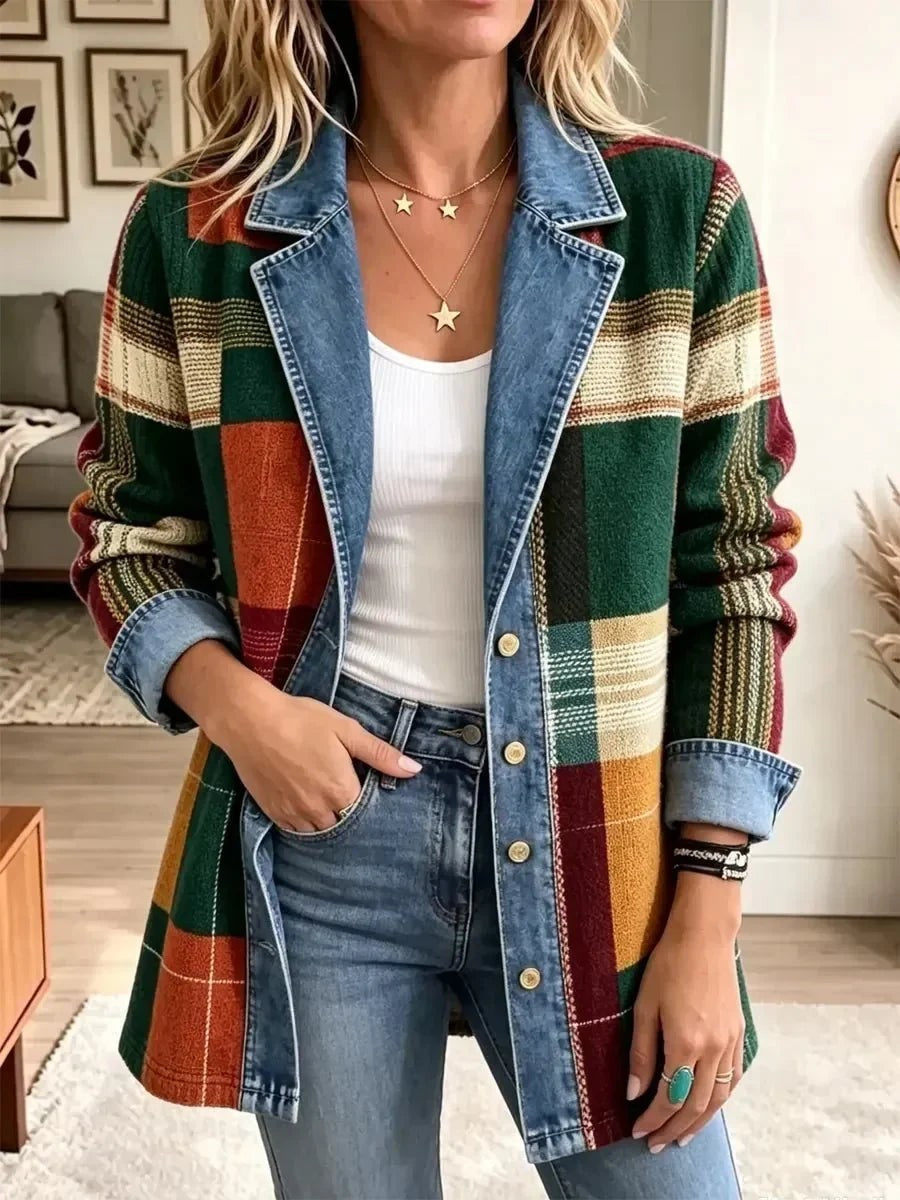 Lidia | Chaqueta vaquera de cuadros con estampado artístico