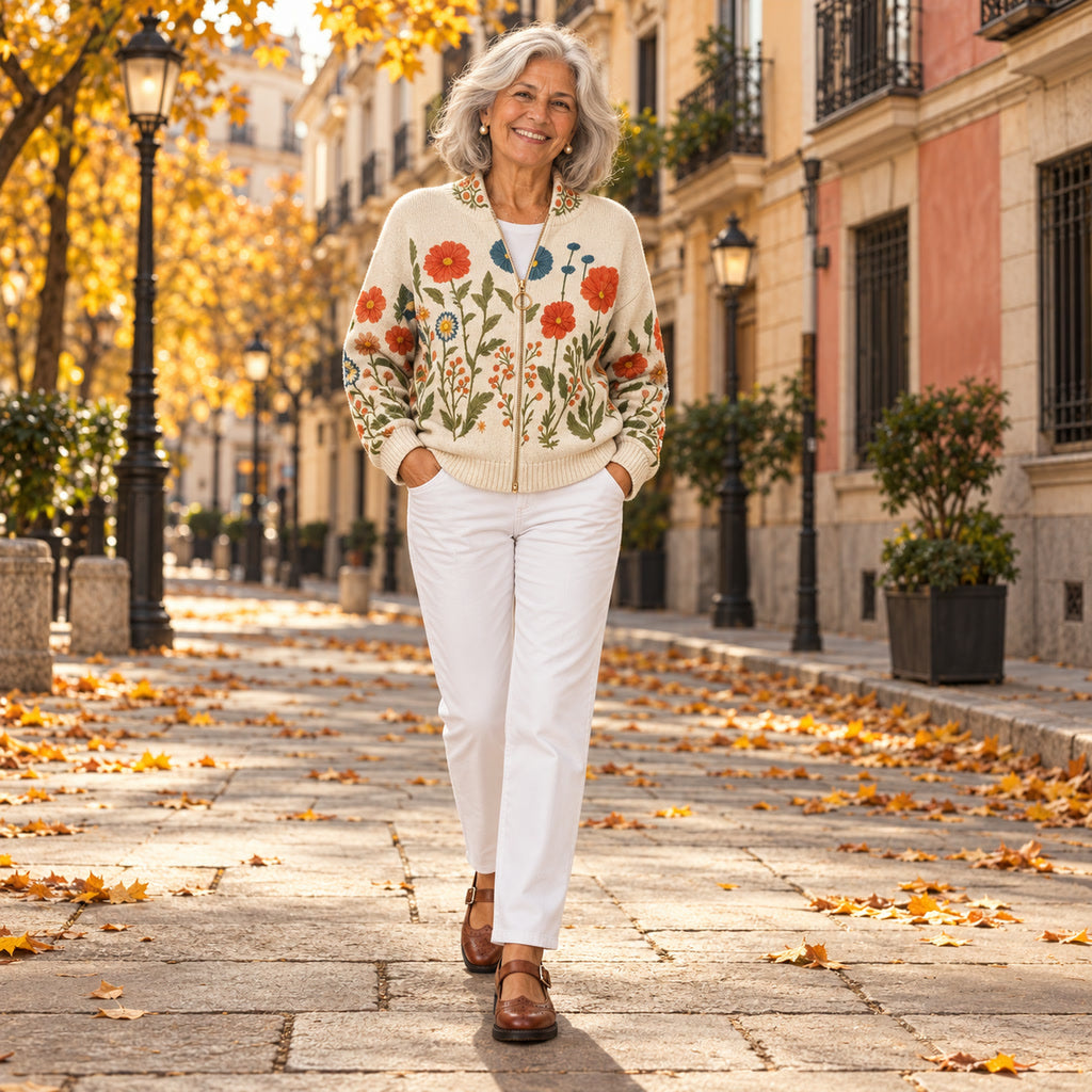 Liliana | Cárdigan con estampado de flores silvestres, en la calle