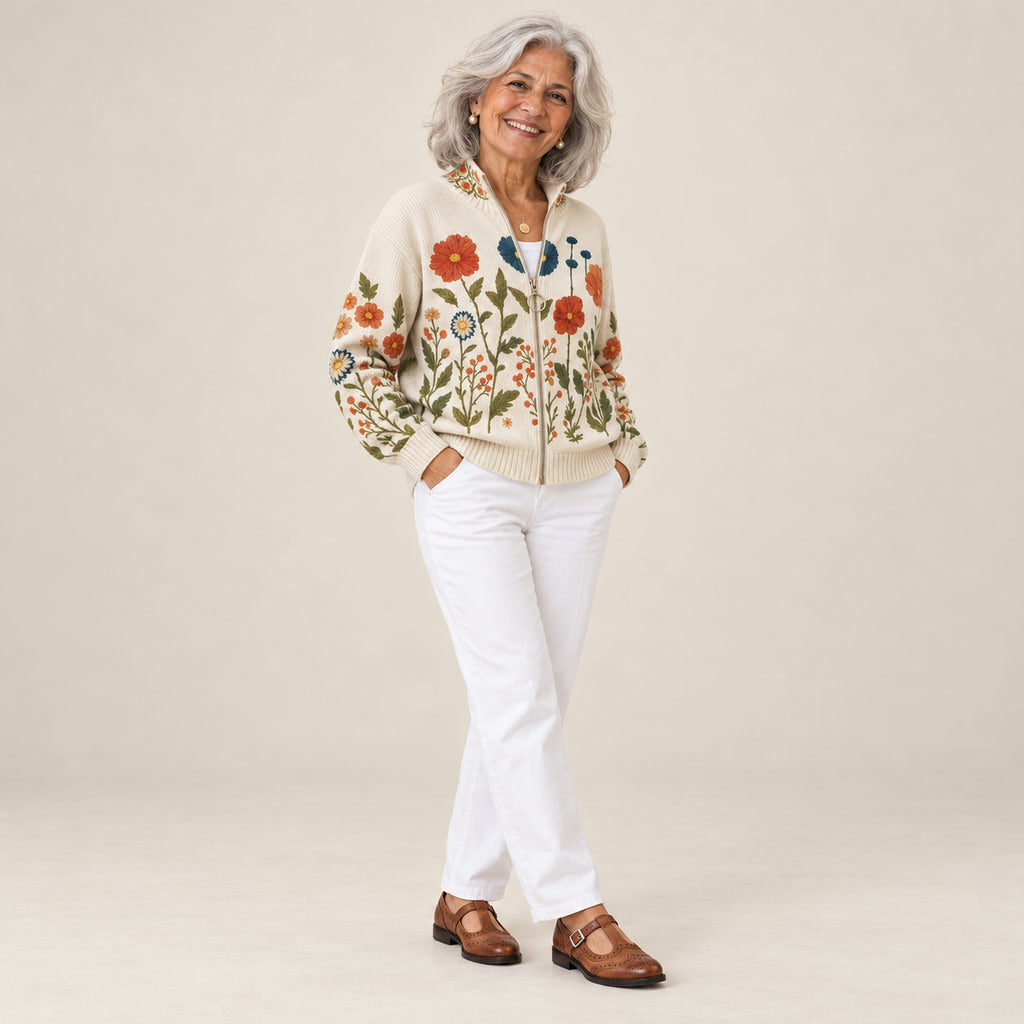Liliana | Cárdigan con estampado de flores silvestres, vista de tres cuartos