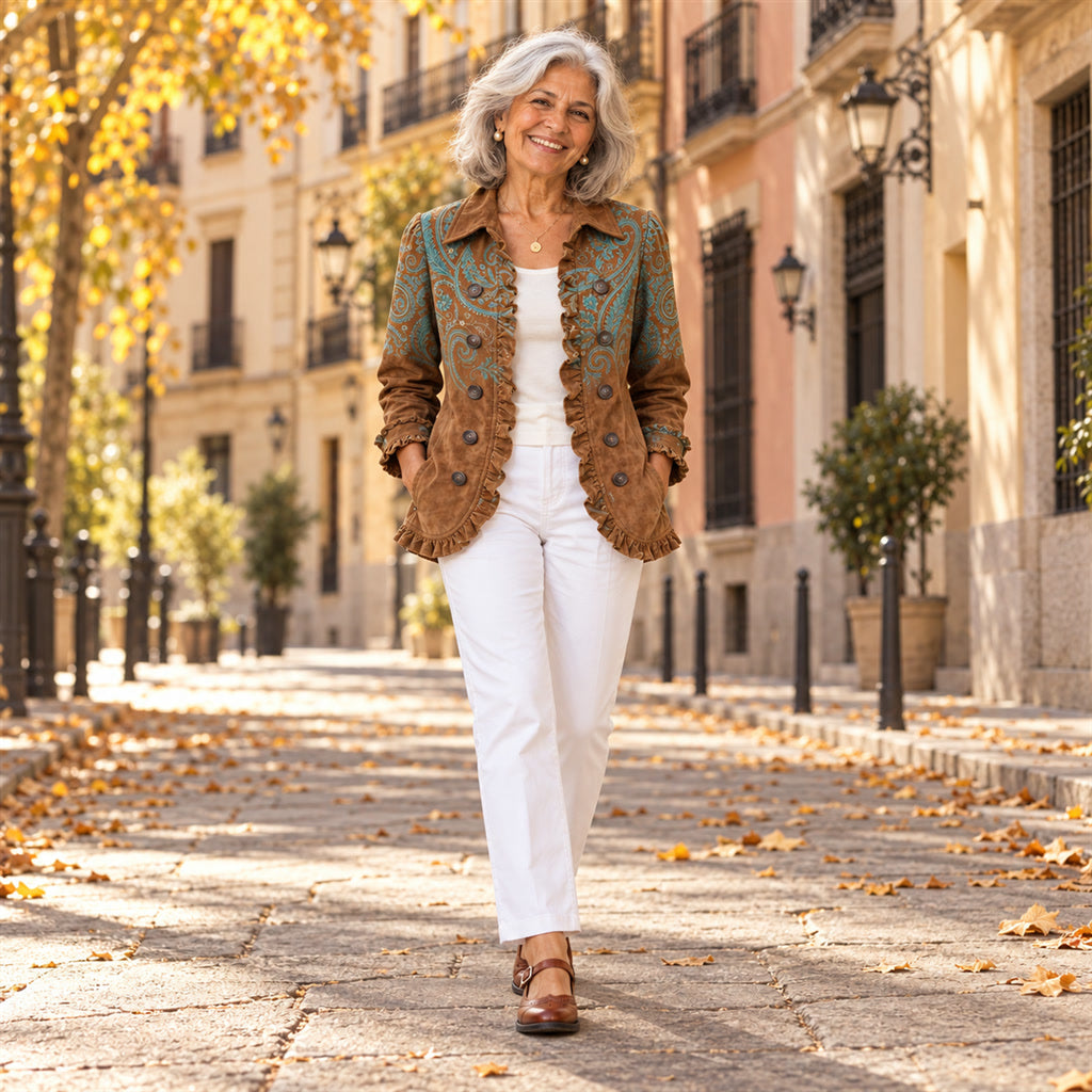 Lucrecia | Chaqueta con estampado de cachemira (paisley) y volantes, en la calle