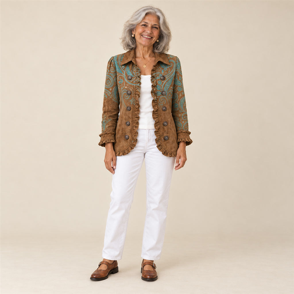 Lucrecia | Chaqueta con estampado de cachemira (paisley) y volantes, vista de frente