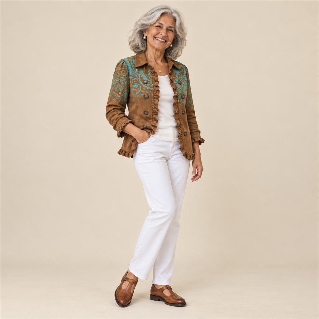 Lucrecia | Chaqueta con estampado de cachemira (paisley) y volantes, vista de tres cuartos