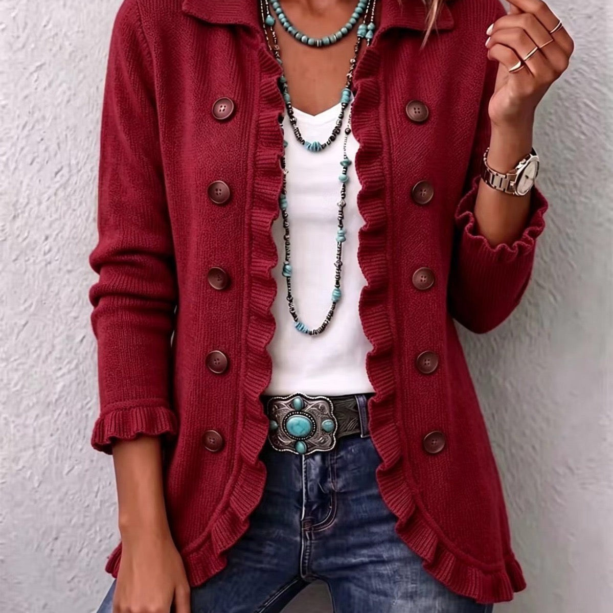 Macarena | Chaqueta de punto de canalé rojo rubí con volantes